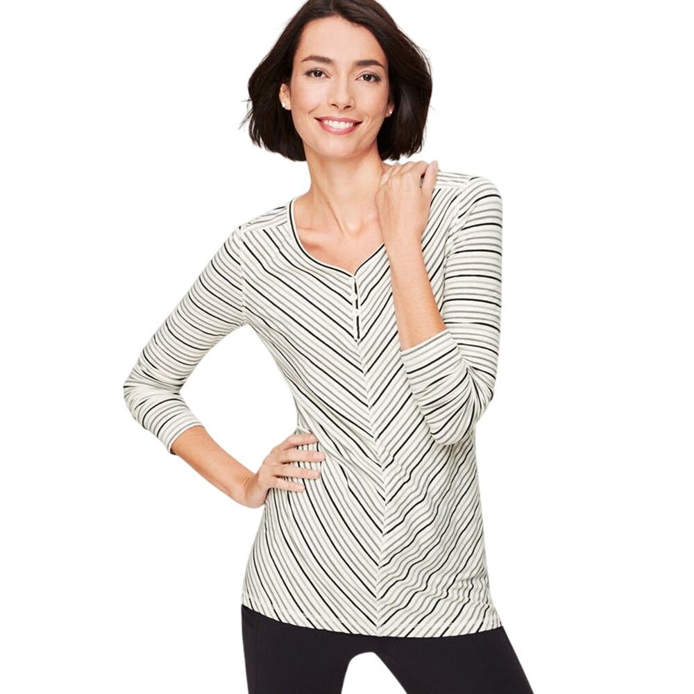 NWT Talbots Bias Stripe White Long Sleeve Neutral Casual Henley Tee Petite M
